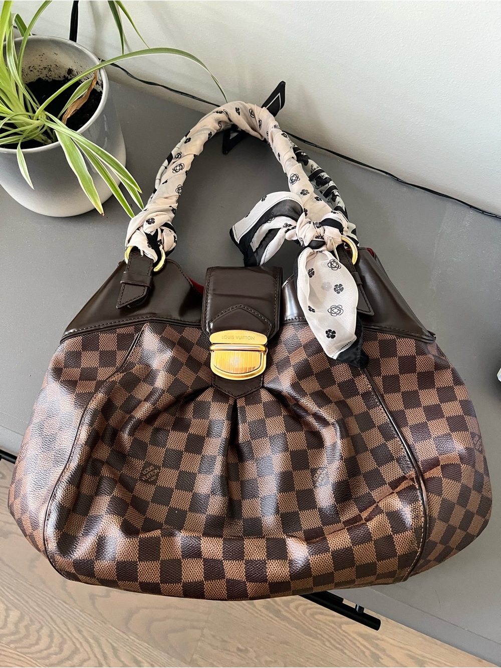 Louis Vuitton Damier Ebene Shoulder Bag with Scarf-Wrapped Handles